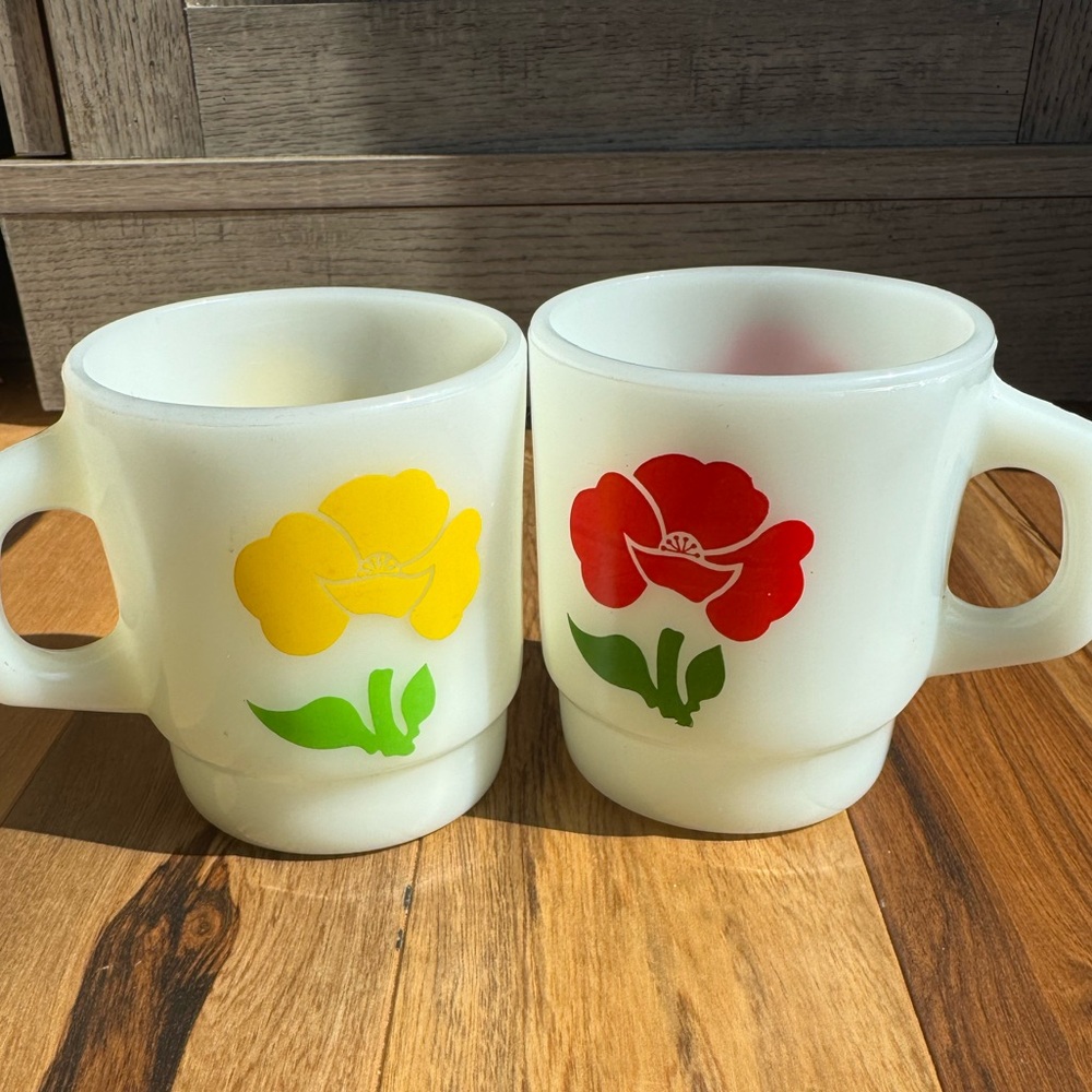 Vintage Fire-King Milk Glass Mugs – Red & Yellow Poppy Flower Pair-Set of 2